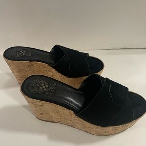 NWOT Vince Camuto Black Suede on Cork Wedge Sandals, 6.5